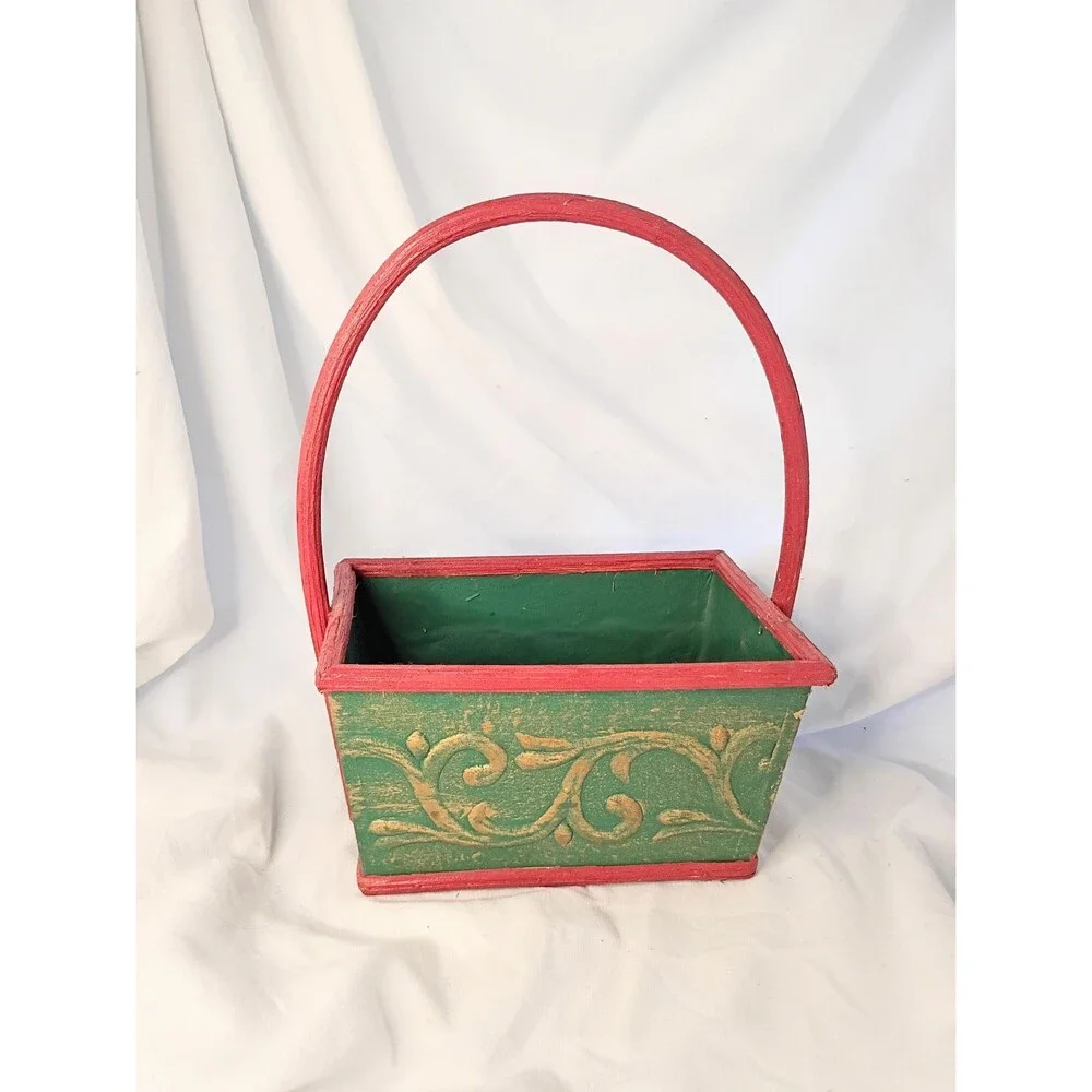 Vintage Red, Green, Gold Holiday Wood Basket Decor